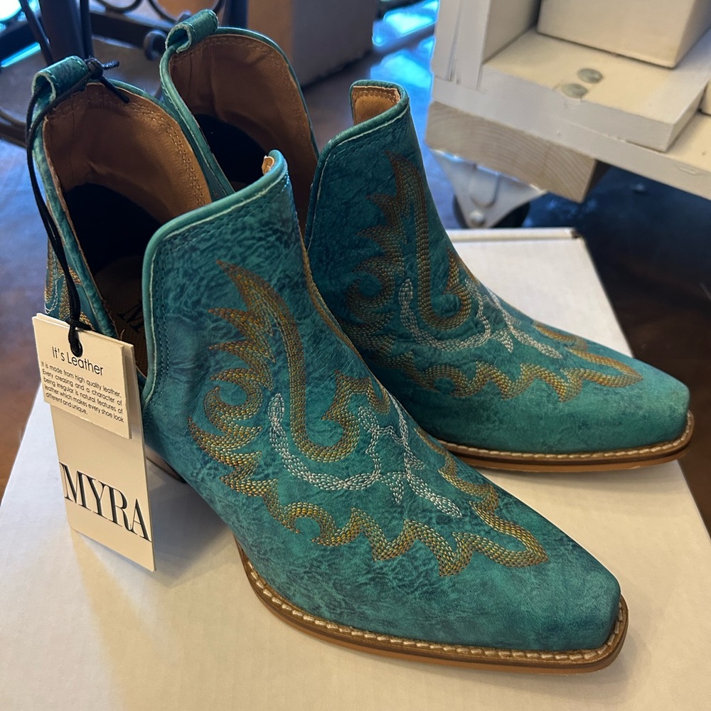 Myra Bag Teal Embroidered Leather Ankle Boots - Women